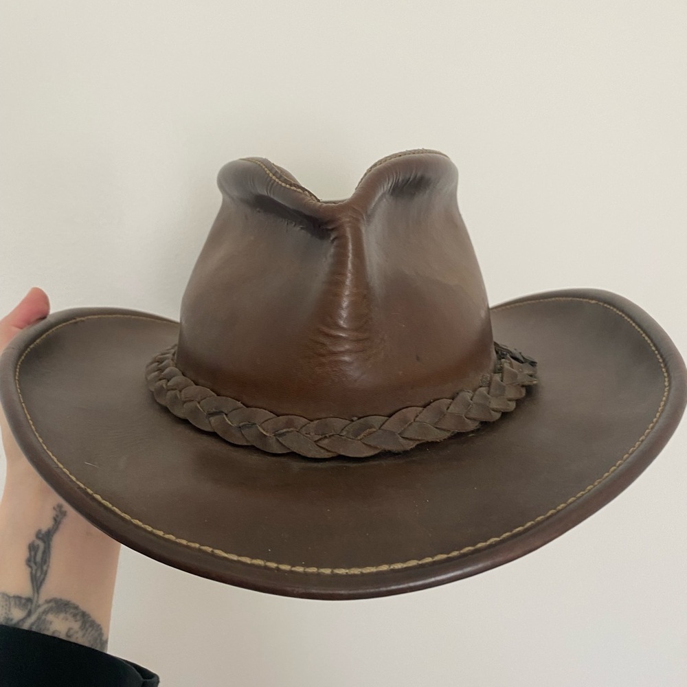 Classic Leather Western Cowboy Hat with Braided Band - Dark Brown - vintage